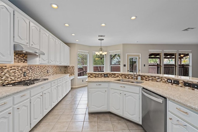 318 Ridge Run Dr, Georgetown, TX 78628 - kitchen featuring stainless steel appliances, a sink, under cabinet range hood, recessed lighting, and healthy amount of natural light