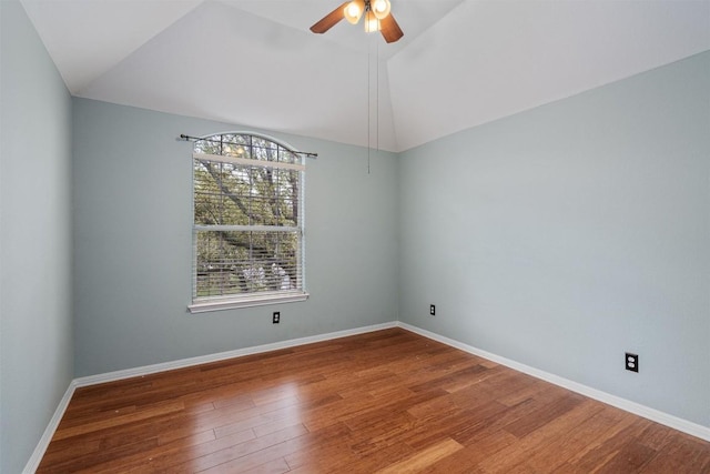 318 Ridge Run Dr, Georgetown, TX 78628 - spare room featuring lofted ceiling, ceiling fan, wood finished floors, and baseboards