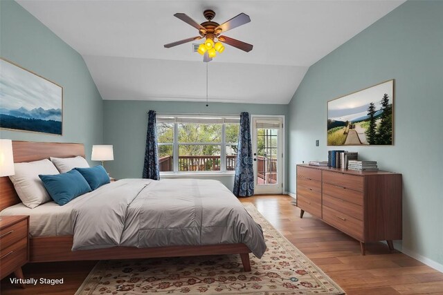 318 Ridge Run Dr, Georgetown, TX 78628 - bedroom with vaulted ceiling, light wood finished floors, access to outside, a ceiling fan, and baseboards