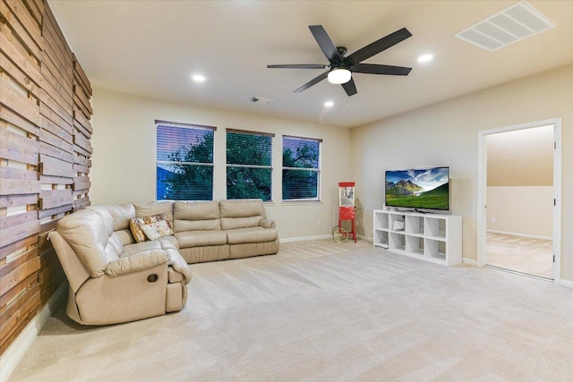 431 Ridgetop Bnd, Cedar Park, TX 78613 - living area featuring a ceiling fan, baseboards, recessed lighting, and light carpet