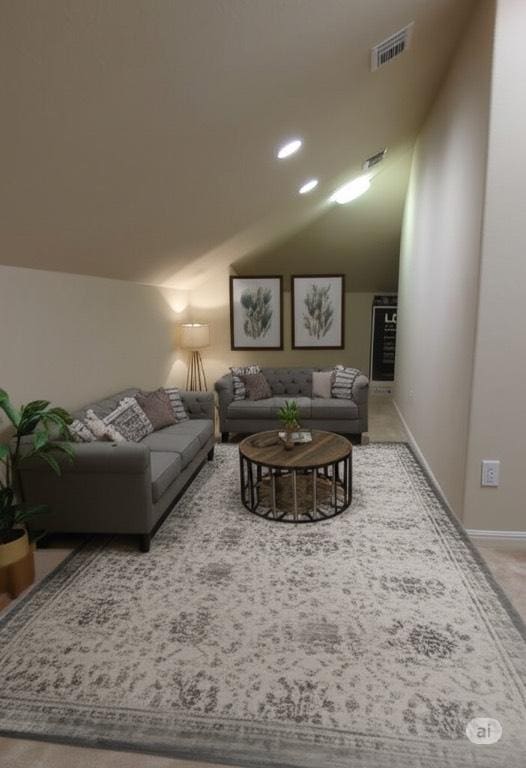 431 Ridgetop Bnd, Cedar Park, TX 78613 - carpeted living room featuring vaulted ceiling and baseboards