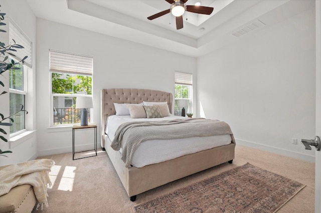206 Olivia Dr Unit 120, Austin, TX 78738 - bedroom with carpet flooring, a raised ceiling, baseboards, and ceiling fan