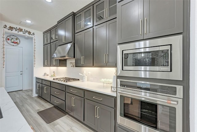 2420 Novara Trl, Leander, TX 78641 - kitchen with appliances with stainless steel finishes, under cabinet range hood, glass insert cabinets, light wood finished floors, and recessed lighting