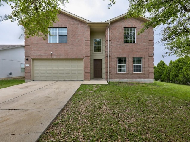 335 Dandelion Loop, Kyle, TX 78640 - traditional-style home featuring brick siding, an attached garage, concrete driveway, and a front yard
