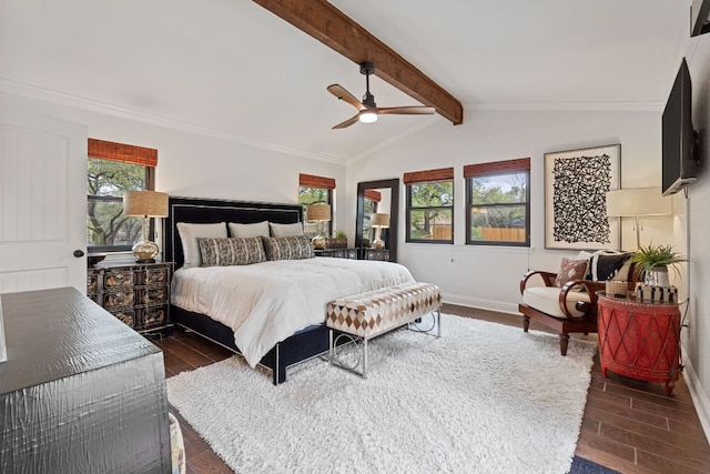 bedroom featuring dark wood finished floors, baseboards, crown molding, and lofted ceiling with beams