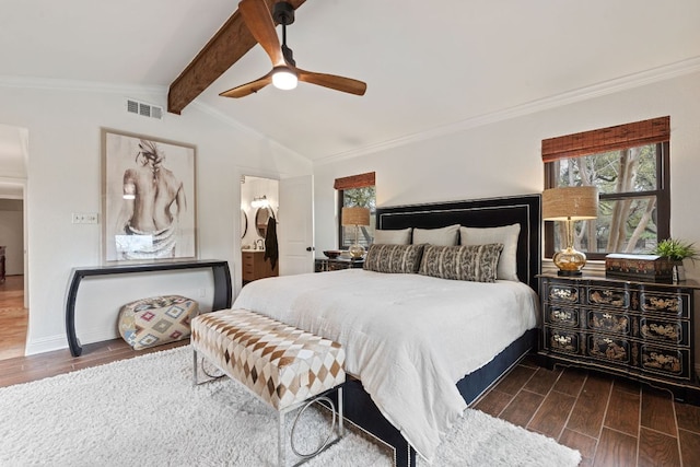 bedroom featuring crown molding, ensuite bathroom, visible vents, vaulted ceiling with beams, and wood tiled floor