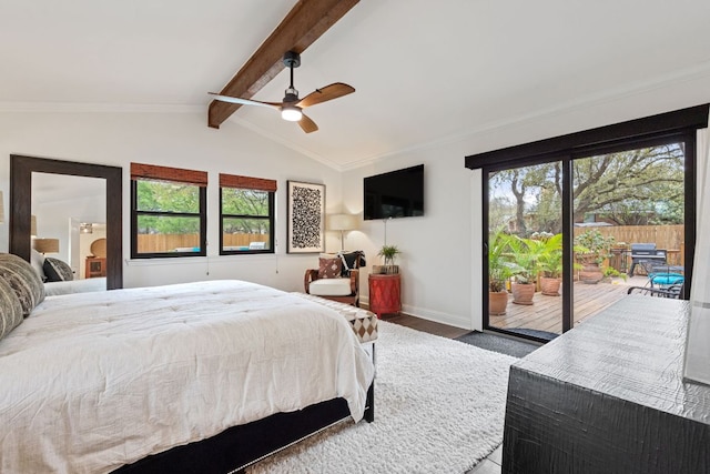 bedroom featuring crown molding, lofted ceiling with beams, access to exterior, wood finished floors, and baseboards