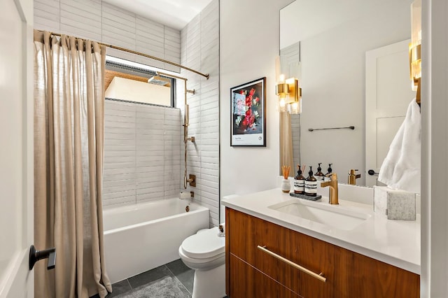 2116 Kenwood Ave, Austin, TX 78704 - full bathroom with toilet, shower / bathtub combination with curtain, vanity, and tile patterned floors