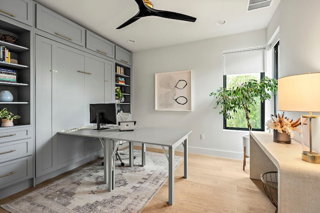 2116 Kenwood Ave, Austin, TX 78704 - office area featuring light wood finished floors, baseboards, ceiling fan, and recessed lighting