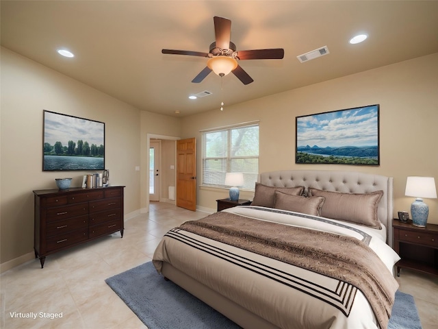 1008 Laurel Oak Cir, Marble Falls, TX 78654 - bedroom with light tile patterned floors, baseboards, recessed lighting, and ceiling fan
