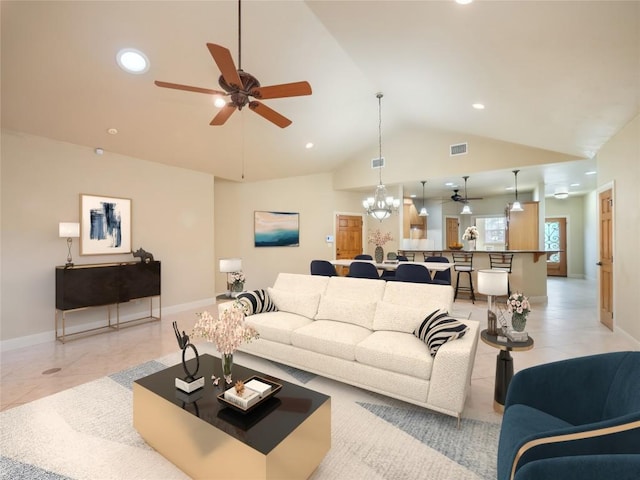 1008 Laurel Oak Cir, Marble Falls, TX 78654 - living room with ceiling fan, a chandelier, vaulted ceiling, recessed lighting, and baseboards