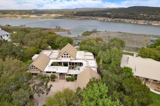 drone / aerial view featuring a water view