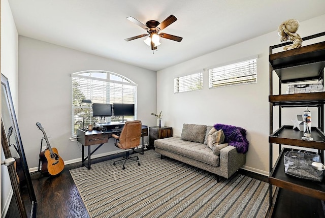 2605 Etta May Ln, Leander, TX 78641 - office area with a ceiling fan, wood finished floors, and baseboards