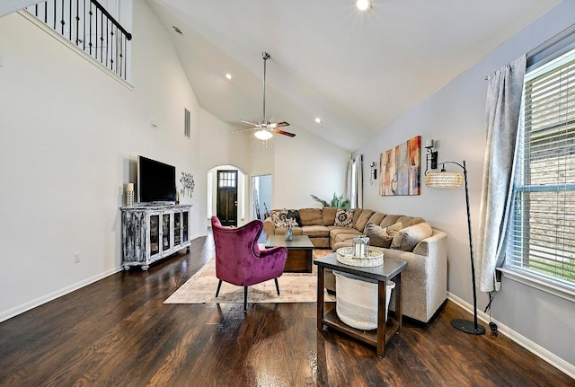 2605 Etta May Ln, Leander, TX 78641 - living area with wood finished floors, plenty of natural light, ceiling fan, recessed lighting, and high vaulted ceiling