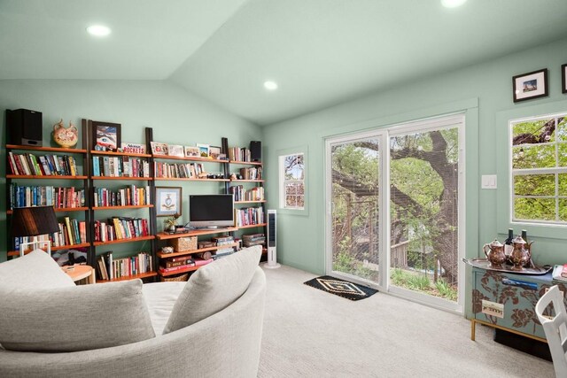 2007 Alameda Dr, Austin, TX 78704 - sitting room with carpet flooring, vaulted ceiling, and recessed lighting