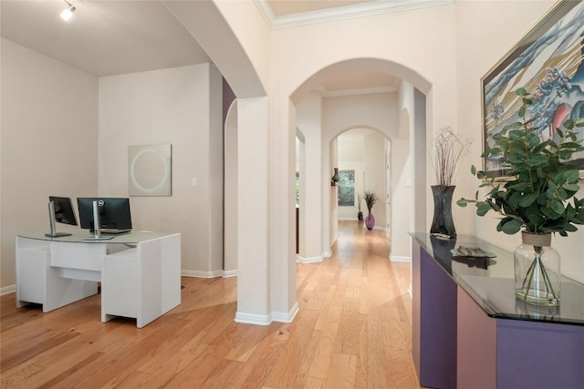 2009 Manada Trl, Cedar Park, TX 78641 - office space with arched walkways, light wood-style floors, and crown molding