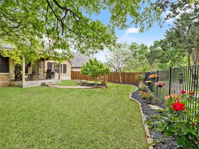 view of yard featuring a fenced backyard and a patio area