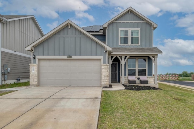 2300 Cliffbrake Way, Georgetown, TX 78626 - craftsman inspired home with board and batten siding, a porch, a front yard, and solar panels