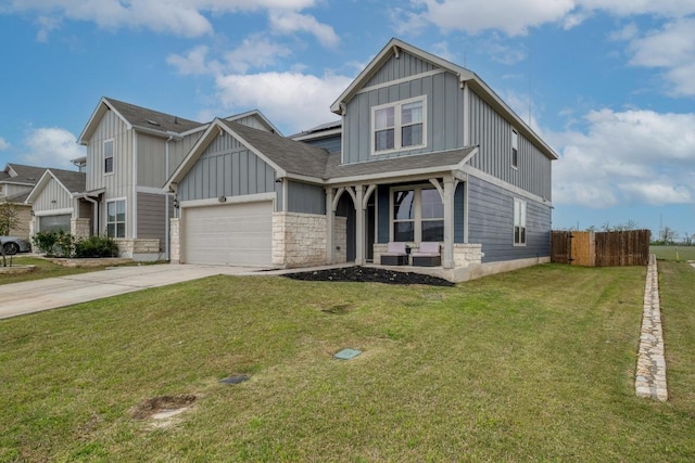 view of front of property featuring driveway, covered porch, fence, a garage, and board and batten siding