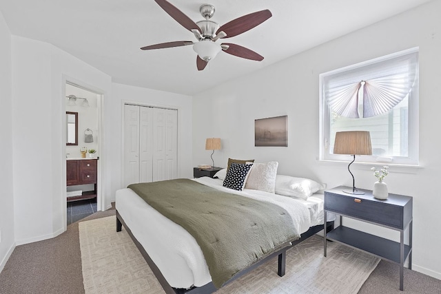 306 Tilbury Ln, Austin, TX 78745 - bedroom with carpet flooring, a closet, baseboards, and ceiling fan