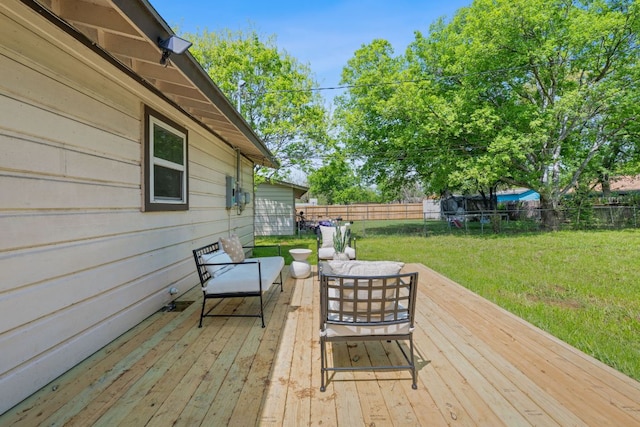 306 Tilbury Ln, Austin, TX 78745 - wooden deck featuring a fenced backyard and an outdoor living space