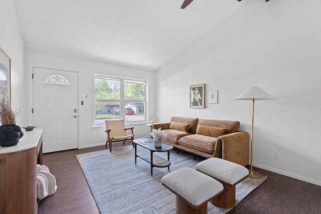306 Tilbury Ln, Austin, TX 78745 - living area featuring dark wood-style flooring, lofted ceiling, and a ceiling fan
