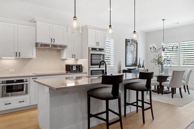 744 Buffalo Trl, Liberty Hill, TX 78642 - kitchen featuring under cabinet range hood, light wood-style flooring, tasteful backsplash, and black electric stovetop