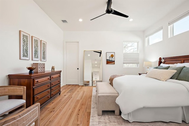 bedroom featuring recessed lighting, a ceiling fan, visible vents, and light wood-type flooring