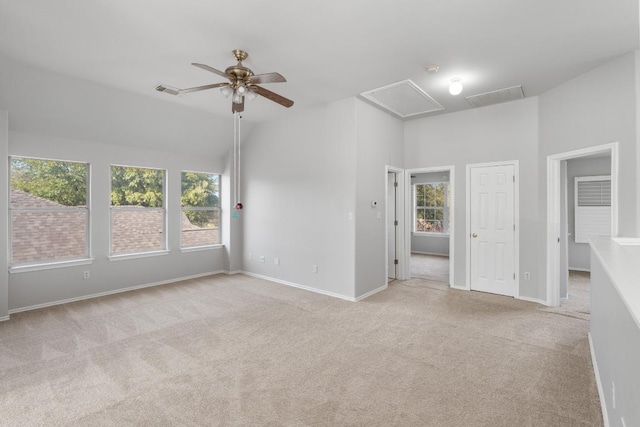 8613 Columbia Falls Dr, Round Rock, TX 78681 - carpeted empty room featuring attic access, a ceiling fan, and lofted ceiling