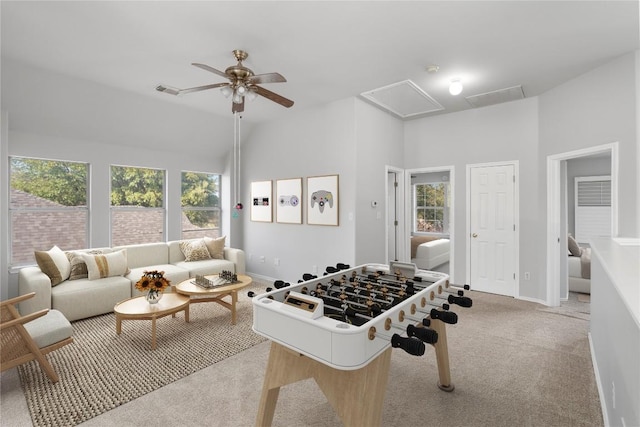 8613 Columbia Falls Dr, Round Rock, TX 78681 - playroom with attic access, a ceiling fan, and light colored carpet
