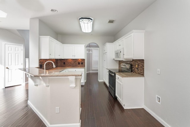 8613 Columbia Falls Dr, Round Rock, TX 78681 - kitchen with stainless steel range with electric cooktop, a peninsula, white microwave, and decorative backsplash