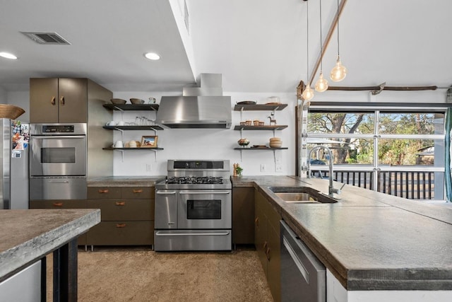 1802 Eva St, Austin, TX 78704 - kitchen featuring appliances with stainless steel finishes, wall chimney exhaust hood, open shelves, a sink, and recessed lighting
