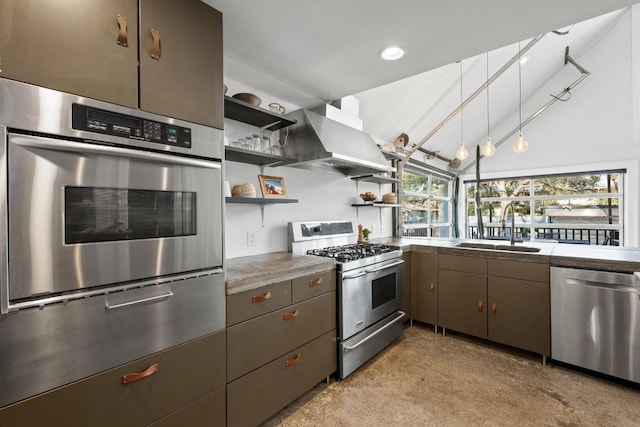 1802 Eva St, Austin, TX 78704 - kitchen with appliances with stainless steel finishes, a sink, open shelves, wall chimney exhaust hood, and hanging light fixtures
