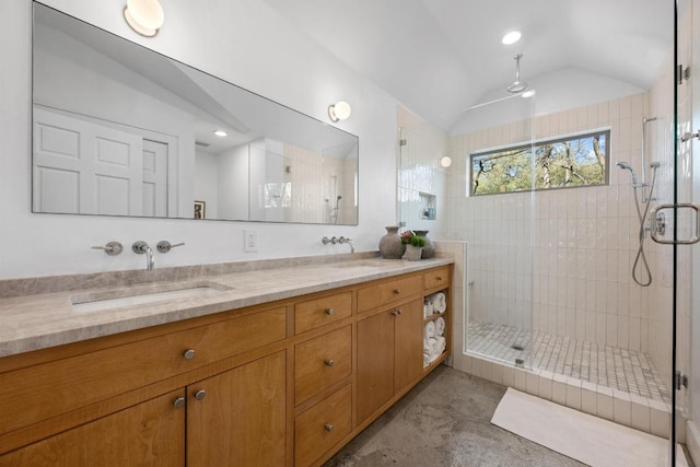 1802 Eva St, Austin, TX 78704 - full bath featuring a shower stall, double vanity, lofted ceiling, and concrete floors