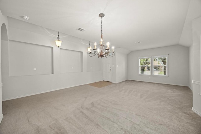 2832 Mission Tejas Dr, Pflugerville, TX 78660 - carpeted spare room with a chandelier, baseboards, and arched walkways