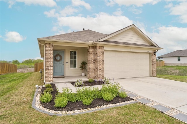 249 Calgary Ln, San Marcos, TX 78666 - single story home with an attached garage, concrete driveway, brick siding, and a shingled roof