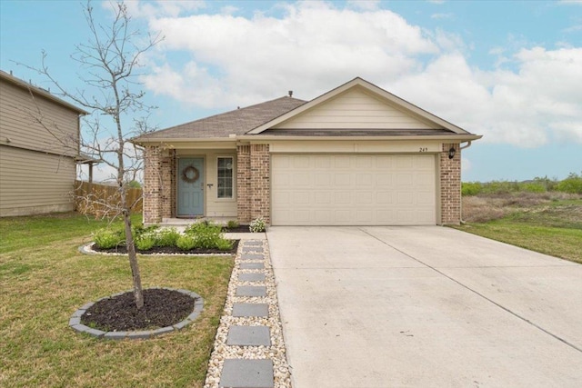249 Calgary Ln, San Marcos, TX 78666 - view of front of house with brick siding, a garage, driveway, and a front lawn