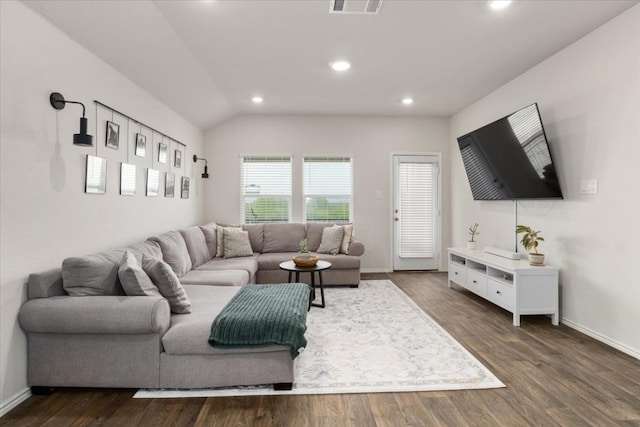 249 Calgary Ln, San Marcos, TX 78666 - living room with dark wood finished floors, recessed lighting, baseboards, and lofted ceiling