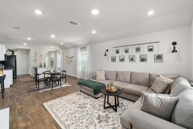 249 Calgary Ln, San Marcos, TX 78666 - living area with dark wood-style flooring and recessed lighting