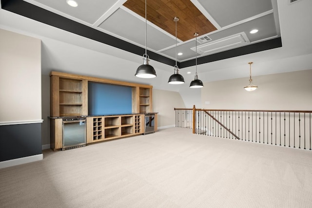 6009 Empresa Dr, Austin, TX 78738 - unfurnished living room with baseboards, light colored carpet, attic access, and recessed lighting