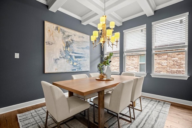 6009 Empresa Dr, Austin, TX 78738 - dining space with beamed ceiling, a chandelier, wood finished floors, coffered ceiling, and baseboards