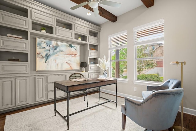 6009 Empresa Dr, Austin, TX 78738 - office space with baseboards, ceiling fan, beam ceiling, and wood finished floors