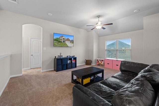 1806 Ashburn Dr, Temple, TX 76502 - living room with carpet floors, a ceiling fan, and lofted ceiling