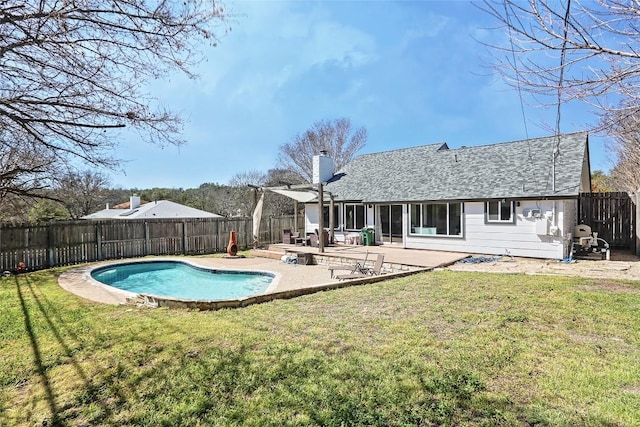 11501 Oak Knoll Dr, Austin, TX 78759 - back of property with a patio, a fenced backyard, a shingled roof, and a chimney