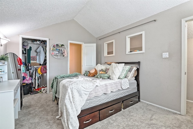 11501 Oak Knoll Dr, Austin, TX 78759 - bedroom with light colored carpet, vaulted ceiling, a closet, a textured ceiling, and a spacious closet