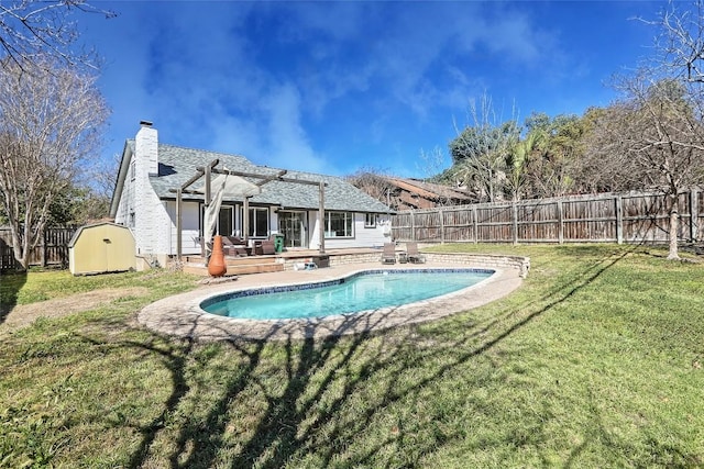11501 Oak Knoll Dr, Austin, TX 78759 - back of house with a deck, a fenced backyard, a pergola, a chimney, and a shed