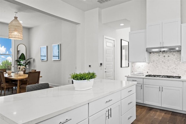 6020 Sendero Hills Pkwy, Austin, TX 78724 - kitchen featuring gas stovetop, under cabinet range hood, light stone counters, decorative backsplash, and dark wood finished floors