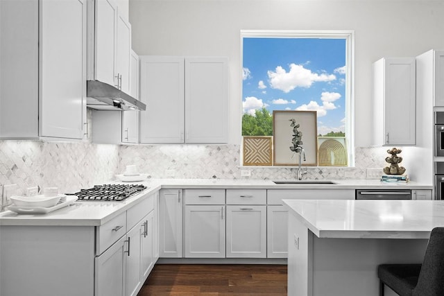 6020 Sendero Hills Pkwy, Austin, TX 78724 - kitchen with stainless steel gas stovetop, light countertops, under cabinet range hood, dark wood-style flooring, and decorative backsplash