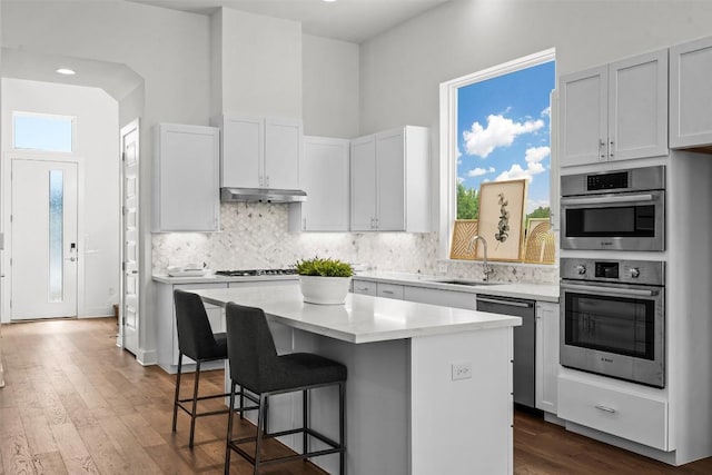 6020 Sendero Hills Pkwy, Austin, TX 78724 - kitchen with a sink, a breakfast bar area, a center island, under cabinet range hood, and light countertops
