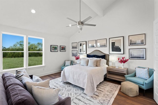 6020 Sendero Hills Pkwy, Austin, TX 78724 - bedroom featuring wood finished floors, high vaulted ceiling, recessed lighting, ceiling fan, and beam ceiling